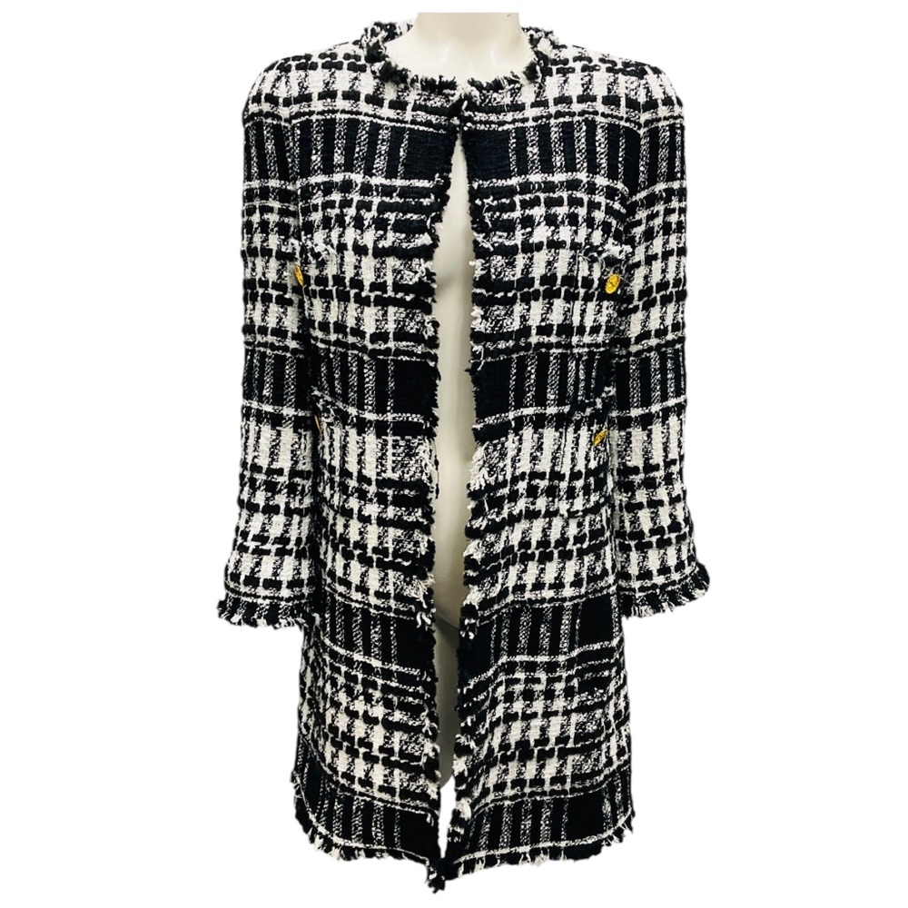 EDWARD ACHOUR BLACK / WHITE FRINGED TWEED COAT WITH GOLD BUTTONS